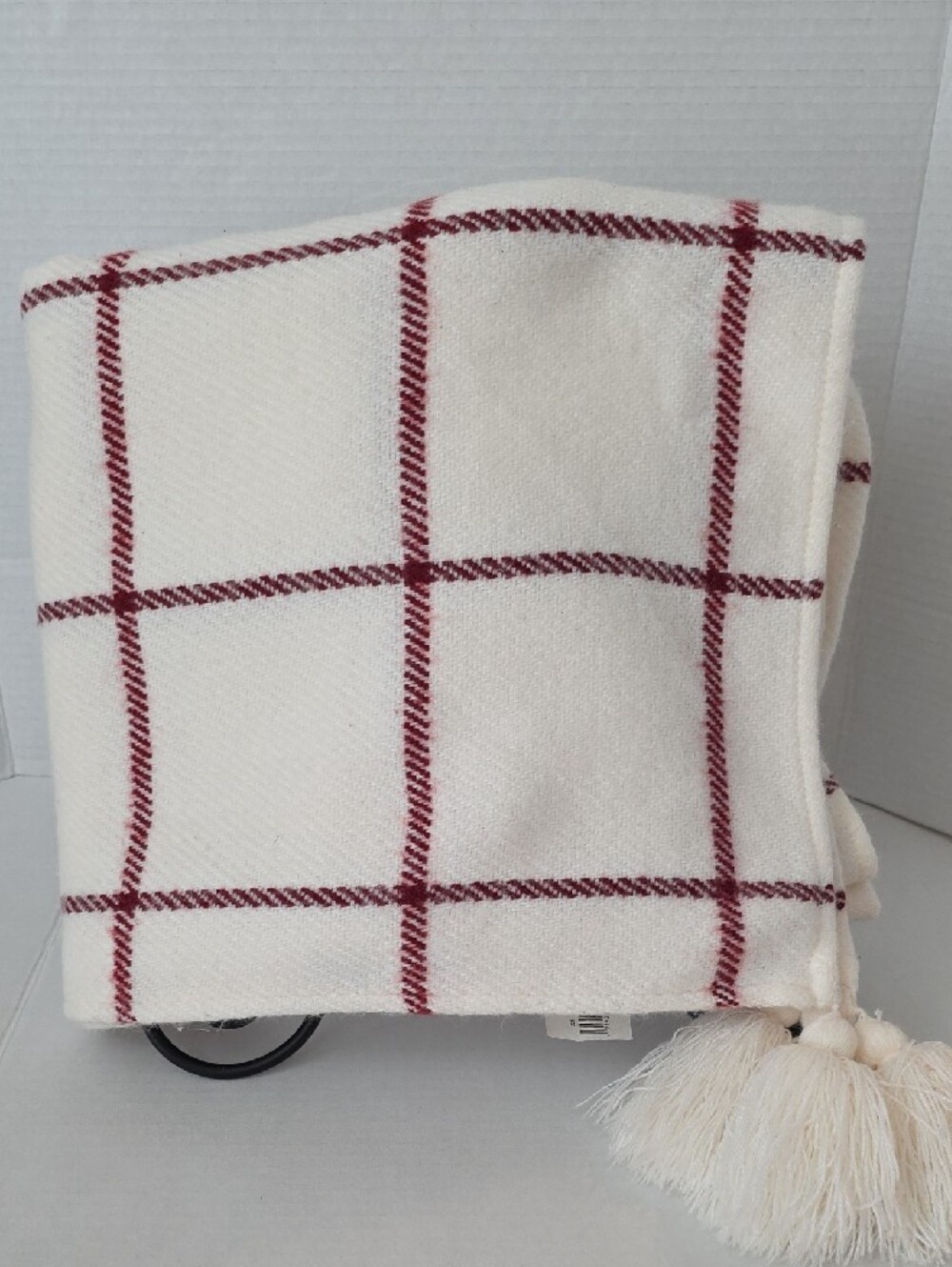 Hearth & Hand White Red Window Pane Tassels Woven Throw